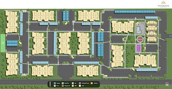 A map of a residential area with different colored blocks representing different types of housing.